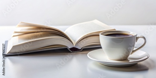 Open book with steamy coffee cup on white background