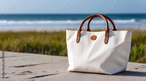 Blank white shopping tote bag mock up on beach by the ocean, template, background, copy space area