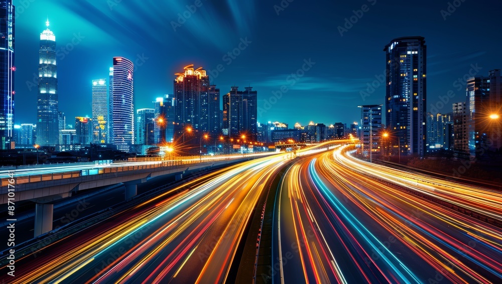 High-speed highway in the city, with tall buildings and street lights along it. Long exposure, Cityscape with Light Trails at Night High-speed highway in the city, with tall buildings and street lights along it. Long exposure, Cityscape with Light Trails at Night