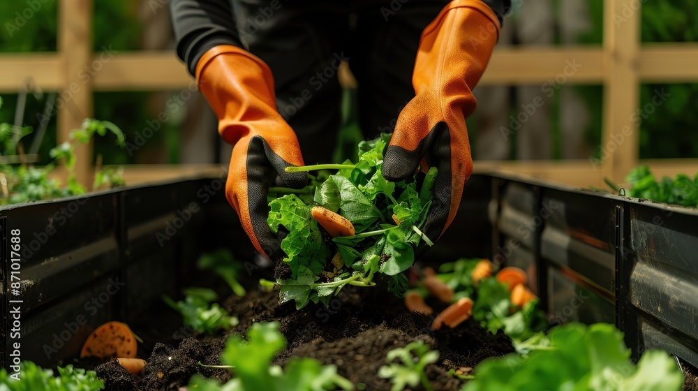 Fototapeta premium Close-up of hands wearing gloves harvesting fresh lettuce from a raised bed garden. Gardening and healthy lifestyle concept.