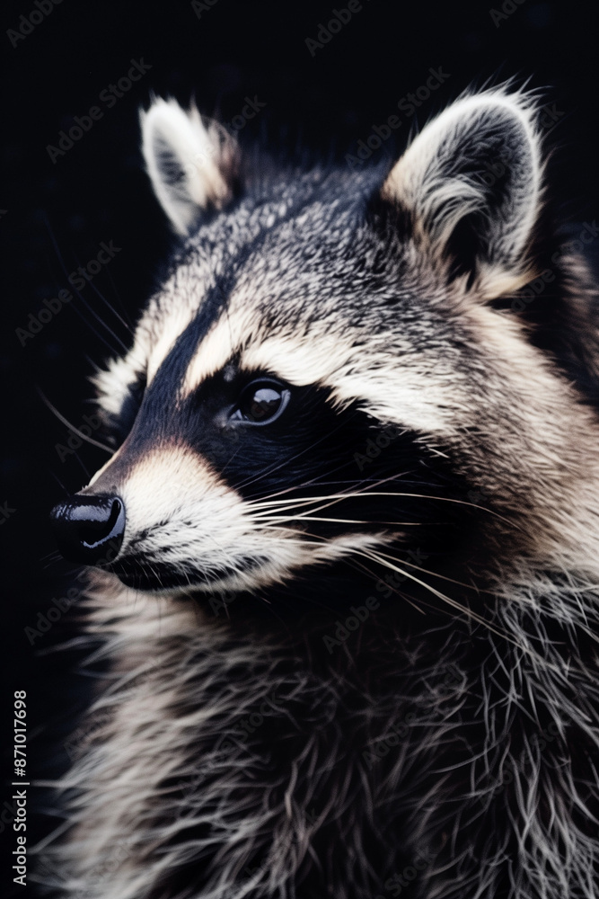 Profile of a Raccoon with Detailed Fur Against Black Background Highlighting Expressive Eyes and Whiskers Profile of a Raccoon with Detailed Fur Against Black Background Highlighting Expressive Eyes and Whiskers
