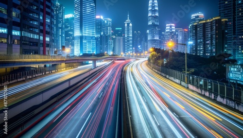 High-speed highway in the city, with tall buildings and street lights along it. Long exposure, Cityscape with Light Trails at Night