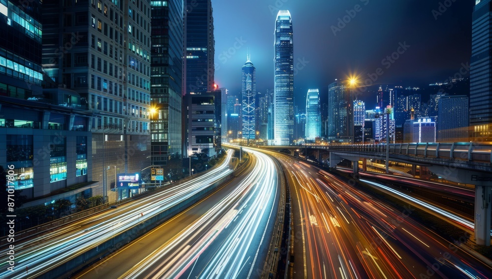 Obraz premium High-speed highway in the city, with tall buildings and street lights along it. Long exposure, Cityscape with Light Trails at Night