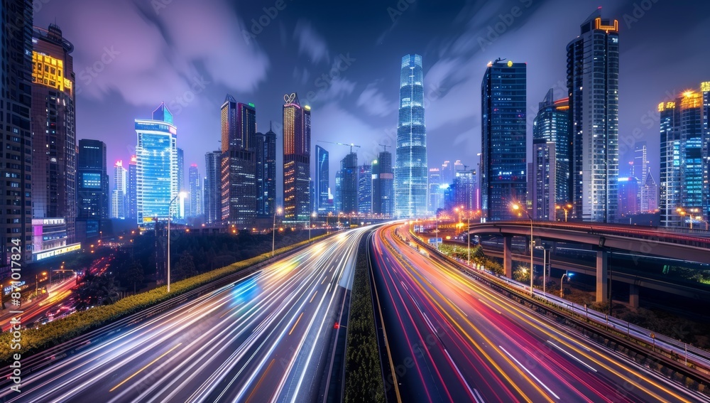 High-speed highway in the city, with tall buildings and street lights along it. Long exposure, Cityscape with Light Trails at Night High-speed highway in the city, with tall buildings and street lights along it. Long exposure, Cityscape with Light Trails at Night