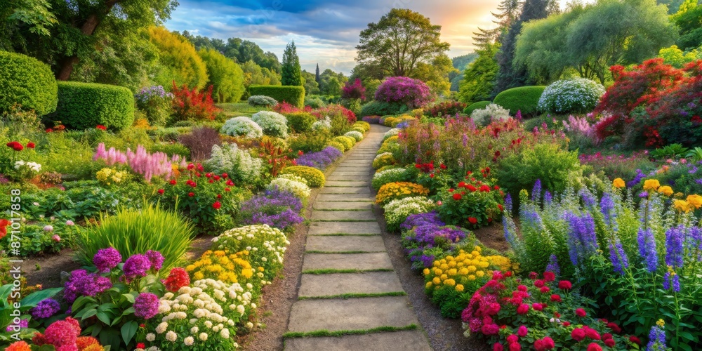 Pathway leading through a vibrant flower garden. Pathway leading through a vibrant flower garden.