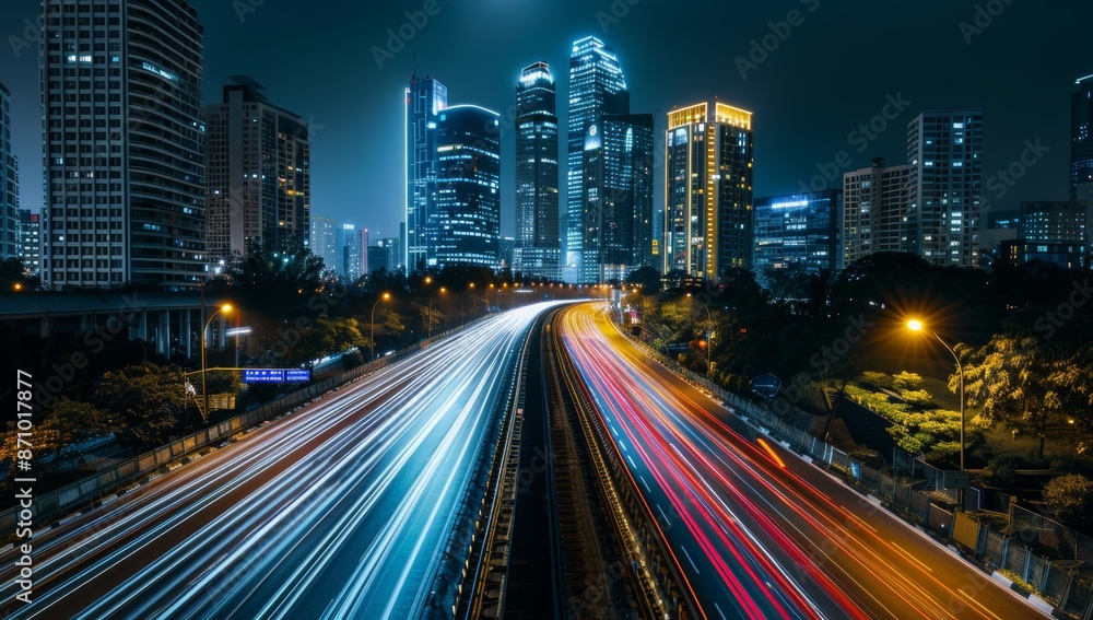 High-speed highway in the city, with tall buildings and street lights along it. Long exposure, Cityscape with Light Trails at Night High-speed highway in the city, with tall buildings and street lights along it. Long exposure, Cityscape with Light Trails at Night