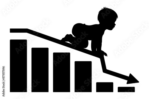 Silhouette of a baby crawling down a descending chart. Birth rate decreasing concept. Vector Illustration