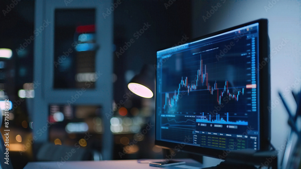 Modern office workspace with a computer monitor displaying financial charts and analysis in a downtown high-rise building at night. Modern office workspace with a computer monitor displaying financial charts and analysis in a downtown high-rise building at night.