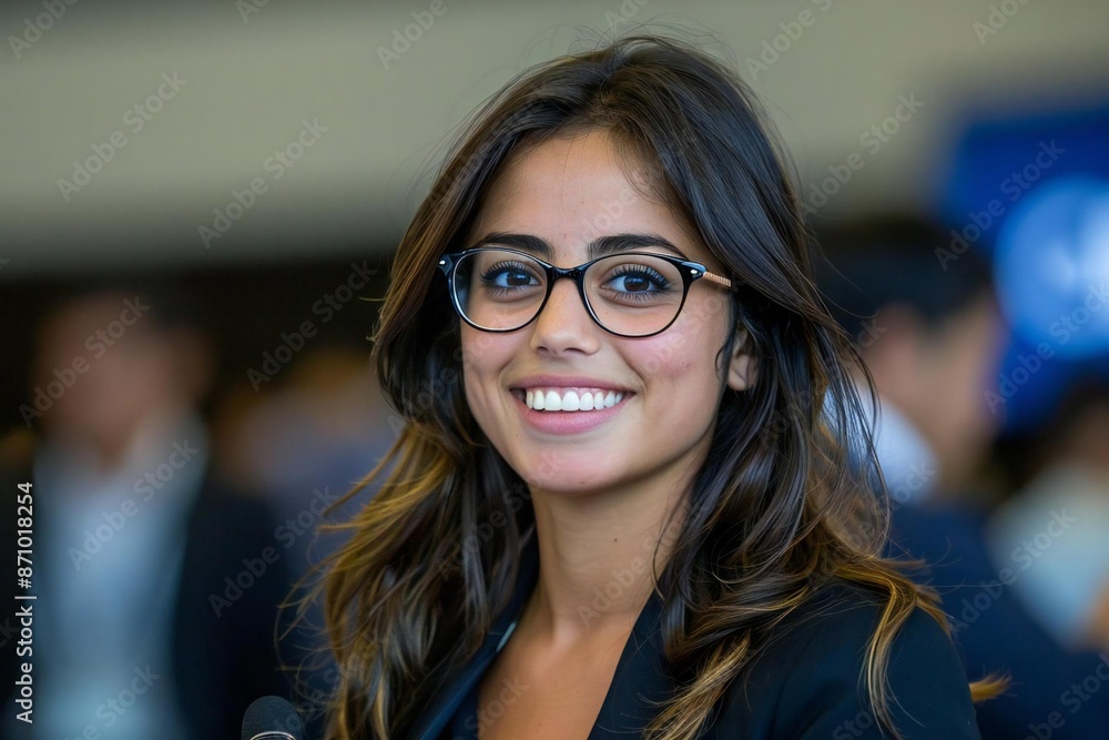 Beautiful young businesswoman smiling and giving a speech at a conference, wearing eyeglasses. Beautiful young businesswoman smiling and giving a speech at a conference, wearing eyeglasses.