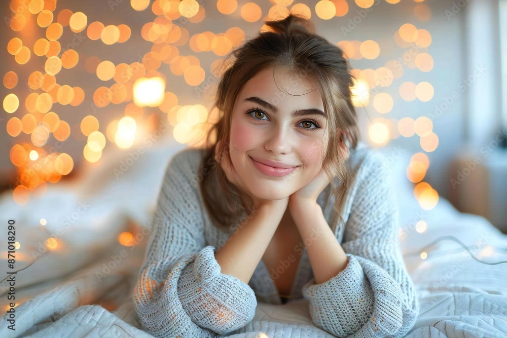 The beautiful young woman is lying on her bed, watching television with a smile on her face. The beautiful young woman is lying on her bed, watching television with a smile on her face.