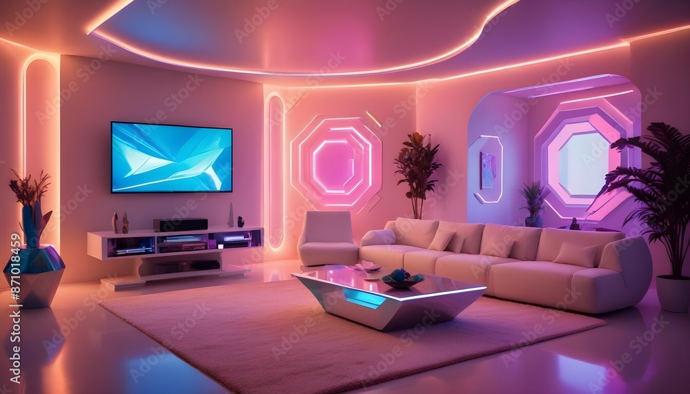 A high-definition image of a modern living room with futuristic furniture designs, dynamic colorful LED lighting, and a gradient wall backdrop. A high-definition image of a modern living room with futuristic furniture designs, dynamic colorful LED lighting, and a gradient wall backdrop.