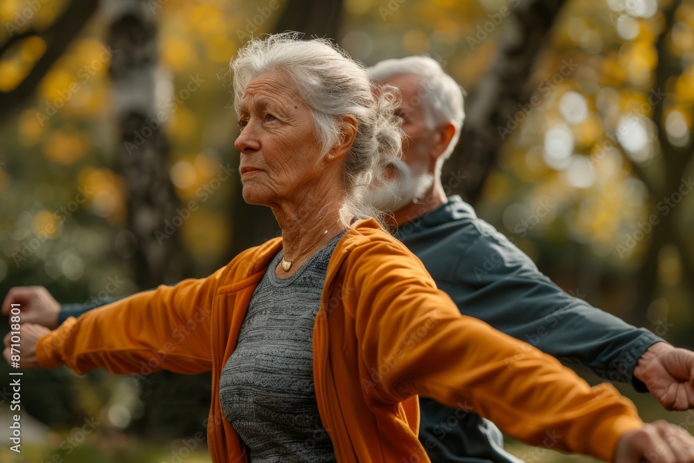Elderly Couple Doing Yoga in Park. Senior couple practicing yoga with arms outstretched in a serene park setting, focusing on their balance and wellness. Elderly Couple Doing Yoga in Park. Senior couple practicing yoga with arms outstretched in a serene park setting, focusing on their balance and wellness.