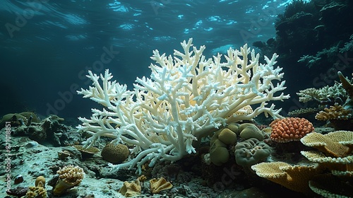 Fototapeta Naklejka Na Ścianę i Meble -  Realistic photo of coral bleaching in a remote reef, with stark white corals and reduced marine life, highlighting the widespread impact of rising ocean temperatures. , Minimalism,