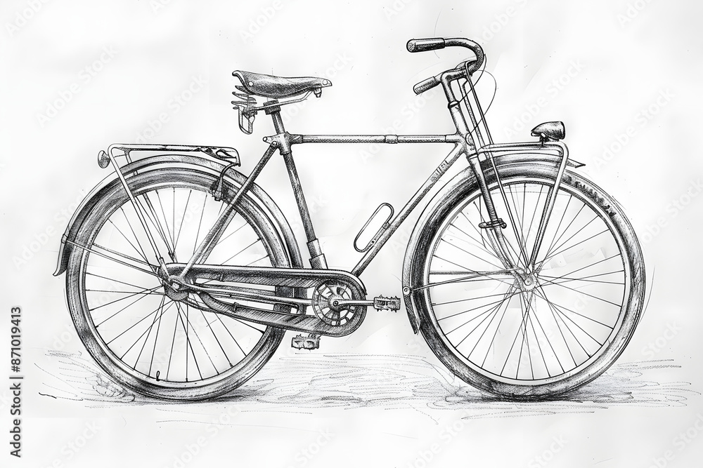 A pencil drawing of an old-fashioned bicycle, with detailed spokes and frame, set against a clean paper background, capturing the charm of the vintage design A pencil drawing of an old-fashioned bicycle, with detailed spokes and frame, set against a clean paper background, capturing the charm of the vintage design