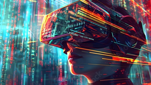 Woman Experiencing Virtual Reality, immersed in a digital environment. The vibrant colors and dynamic lines convey the excitement and potential of virtual reality technology.