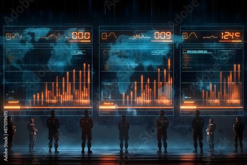 Military Personnel Analyzing Global Data. The visual emphasizes the strategic importance of data analysis in defense operations, with detailed maps and graphs.