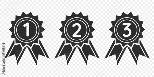 Black medals, awards, ribbons for first, second, third place with sharp edges. Isolated on transparent background