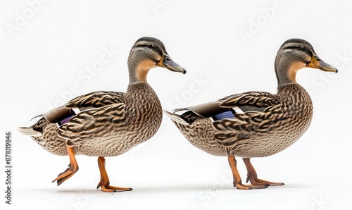 A pair of mallard ducks standing against a white backdrop.  Generate AI photo