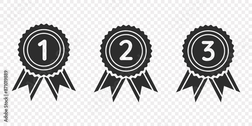 Black medals, awards, ribbons for first, second, third place with round edges. Isolated on transparent background