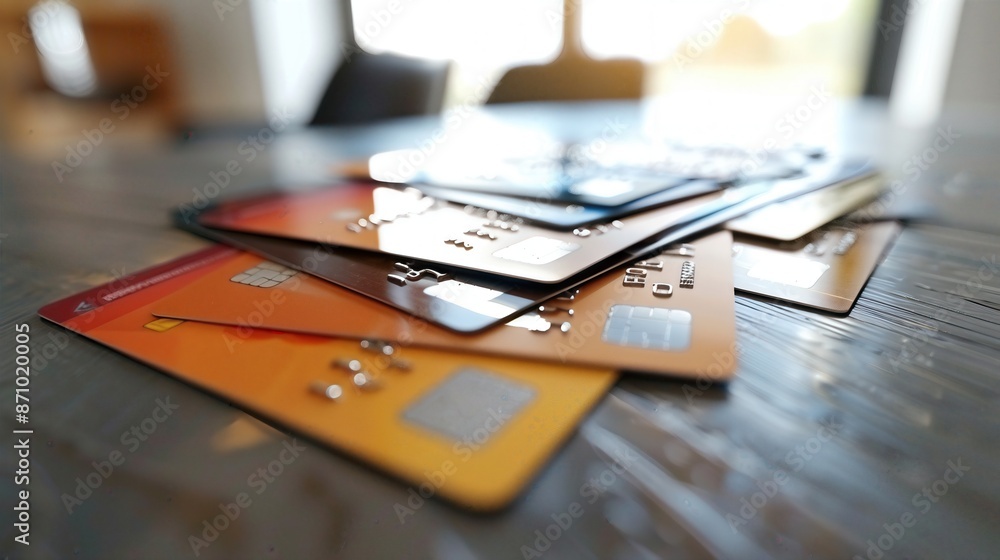 Close-up of multiple credit cards on a table, representing banking, finance, and online shopping with selective focus. Close-up of multiple credit cards on a table, representing banking, finance, and online shopping with selective focus.