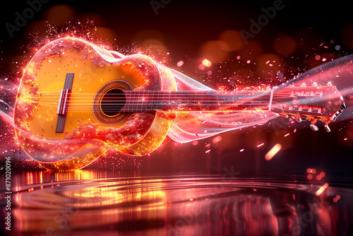A guitar is shown with flames surrounding it, giving the impression of a fiery guitar solo. Concept of energy and excitement, as if the guitar is in the midst of a powerful performance
