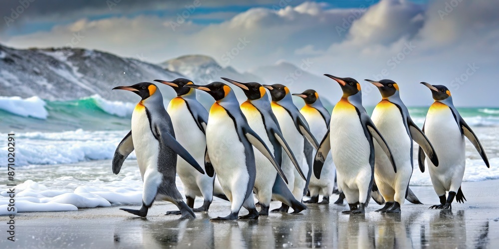 Obraz premium Subantarctic penguins traverse snowy shoreline