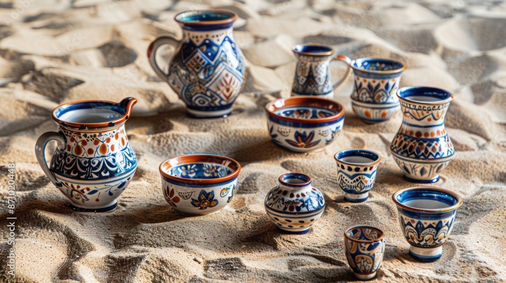 A set of hand-painted ceramics on a textured sand background, emphasizing artisanal craftsmanship in home decor A set of hand-painted ceramics on a textured sand background, emphasizing artisanal craftsmanship in home decor