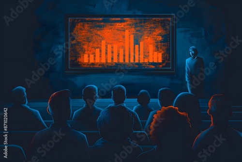 Conceptual Illustration of Audience Watching Presentation on Data Analysis. The image captures the importance of data interpretation in decision-making processes.