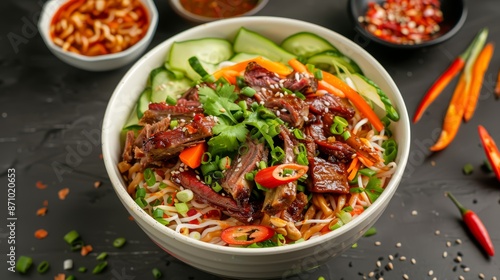 Top view of a colorful bowl of ribs noodles with fresh vegetables, warm atmosphere, natural light, vibrant food photography