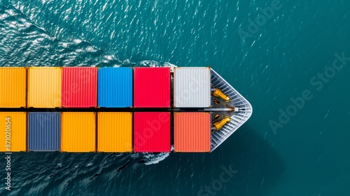 Top-down aerial view of a container cargo ship on the open sea, loaded with various colored containers, highlighting global freight shipping and maritime logistics photo