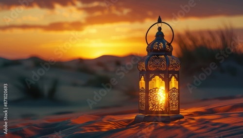 Lantern in the desert at sunset. Ramadan Kareem background