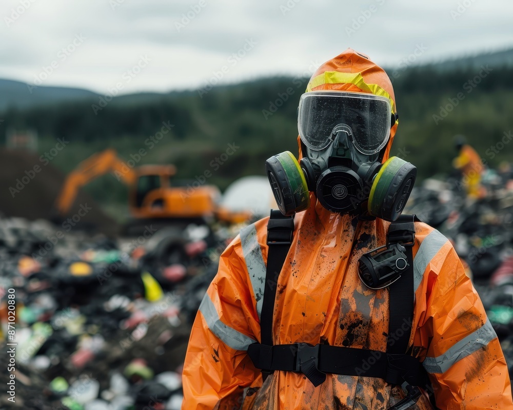 Worker in protective gear and gas mask at landfill site with excavators in background, focusing on safety and pollution control. Worker in protective gear and gas mask at landfill site with excavators in background, focusing on safety and pollution control.
