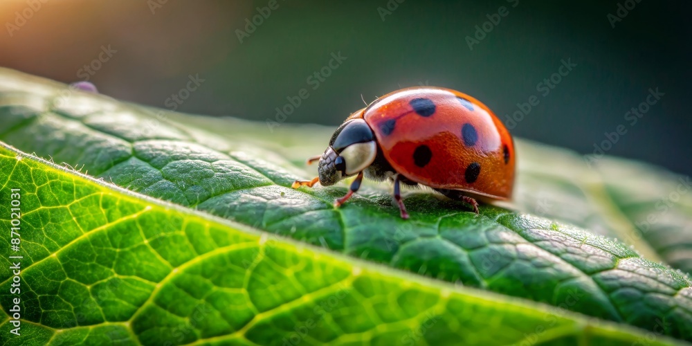 Tiny ladybug perched majestically on an expansive leaf Tiny ladybug perched majestically on an expansive leaf
