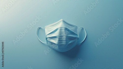 Close-up of a single blue medical face mask against a gradient blue background, highlighting healthcare, safety, and protection. photo