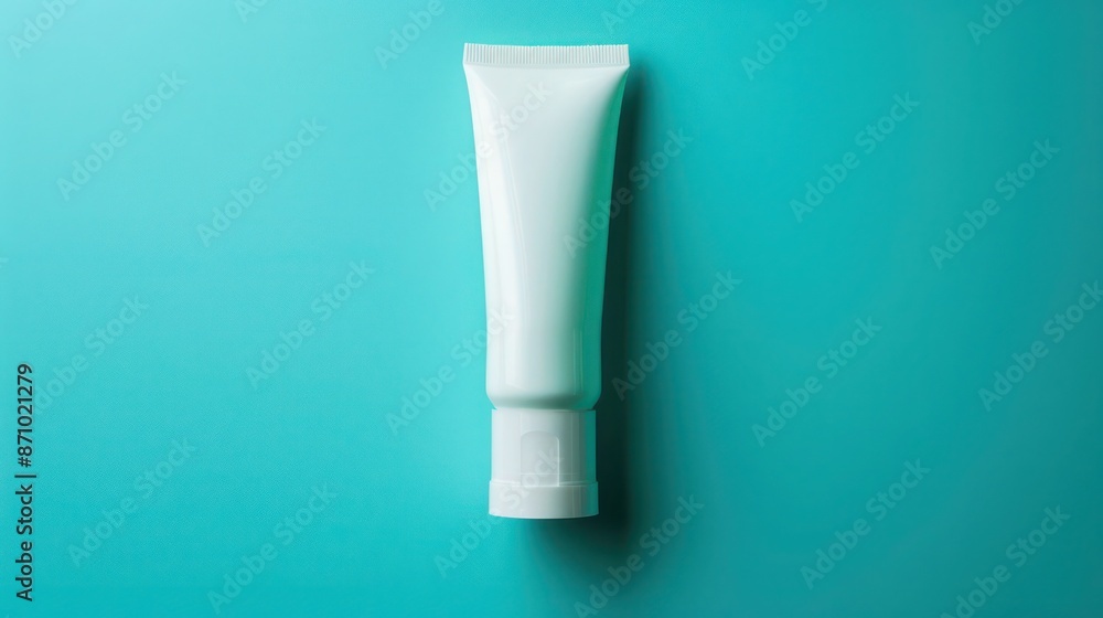 A white hand cream tube against a turquoise background, perfect for a fresh and lively visual appeal A white hand cream tube against a turquoise background, perfect for a fresh and lively visual appeal