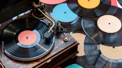 A vintage record player on a background of vinyl records, perfect for a retro music enthusiasta??s product showcase