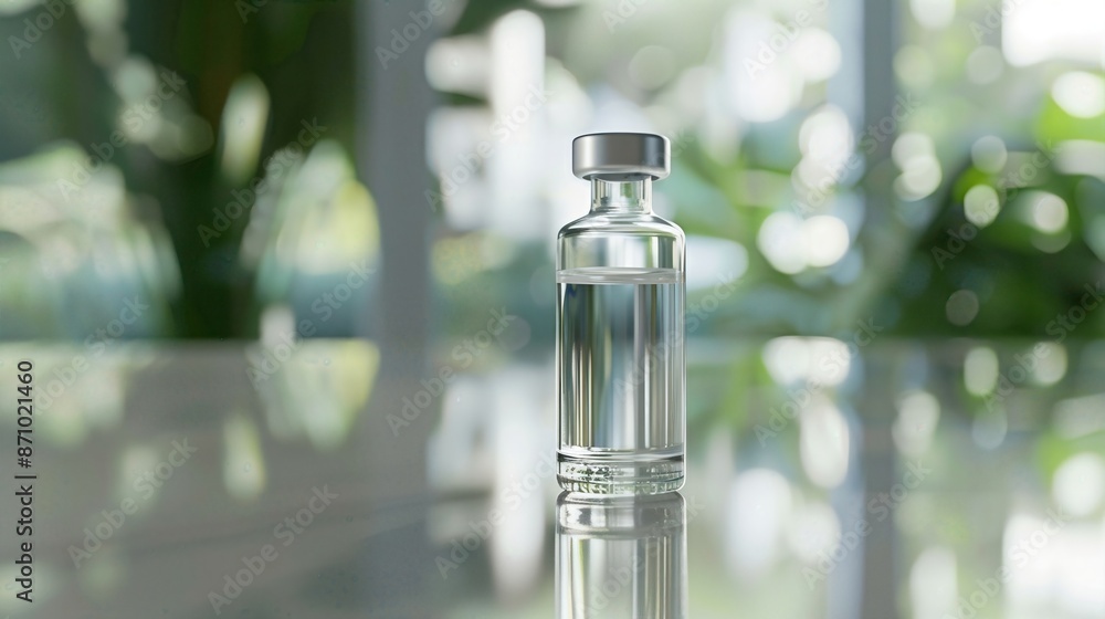 Clear glass vial with liquid on a reflective surface, green blurred background, ideal for medical or scientific imagery. Clear glass vial with liquid on a reflective surface, green blurred background, ideal for medical or scientific imagery.