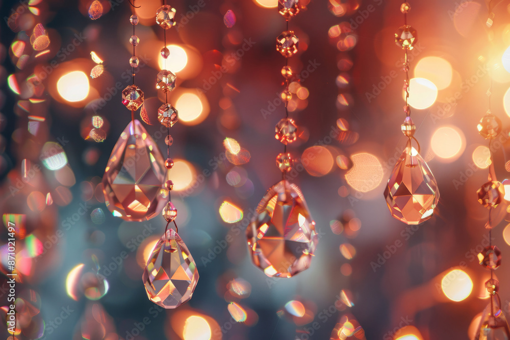Elegant hanging crystal beads with bokeh lights in the background. Luxurious festive atmosphere Elegant hanging crystal beads with bokeh lights in the background. Luxurious festive atmosphere
