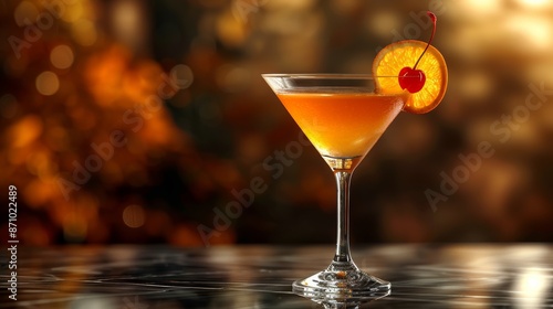 Cocktail with orange slice and cherry on a marble table, blurry background. Elegant and festive drink concept