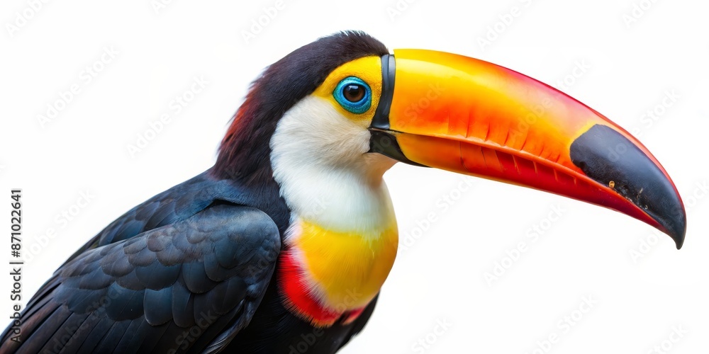 Fototapeta premium Vibrant toucan perched on branch, isolated on white background