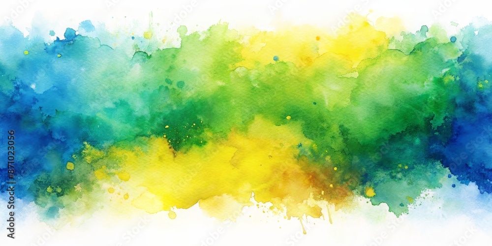 Obraz premium Watercolor art background in yellow, green, and blue with wide panoramic banner format and ample copy space.