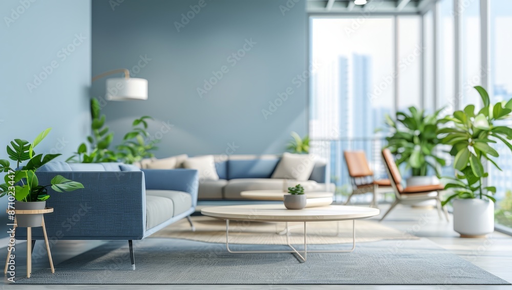A living room with a blue wall and a white couch by AI generated image A living room with a blue wall and a white couch by AI generated image