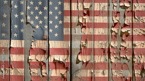 deteriorating american flag painted on wood planks, chipping paint of american flag during uncertain times