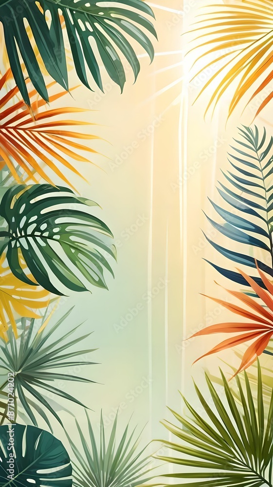 Palm leaves on a gentle background, a lot of empty space, space for text. View from above Palm leaves on a gentle background, a lot of empty space, space for text. View from above