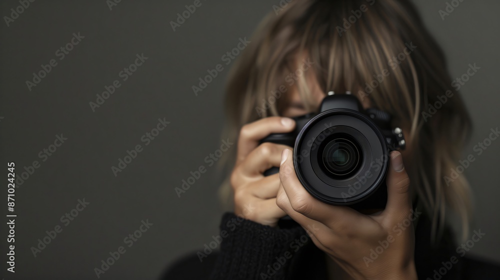 Confident photographer with professional camera, focusing in studio. Skillful and precise, creating stunning digital images Confident photographer with professional camera, focusing in studio. Skillful and precise, creating stunning digital images