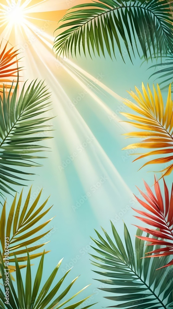 Palm leaves on a gentle background, a lot of empty space, space for text. View from above Palm leaves on a gentle background, a lot of empty space, space for text. View from above