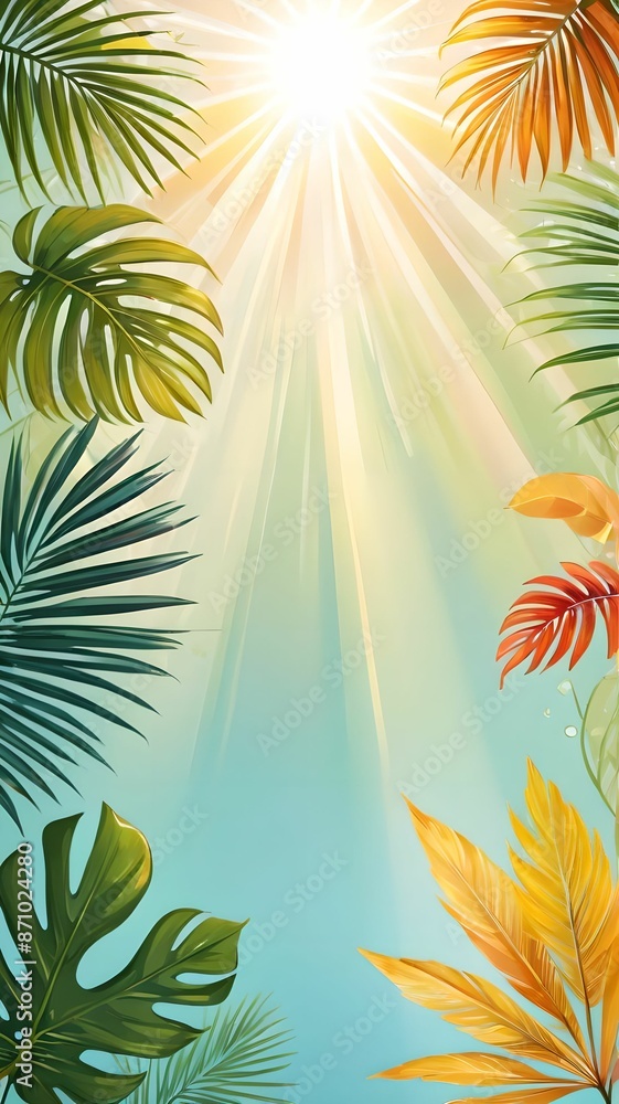 Palm leaves on a gentle background, a lot of empty space, space for text. View from above Palm leaves on a gentle background, a lot of empty space, space for text. View from above