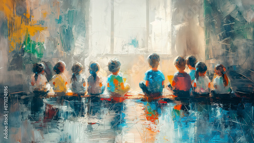 children sitting in a classroom learning and reading, abstract painting