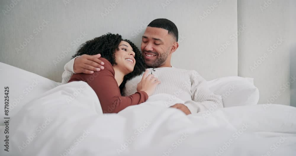 Happy couple, bedroom and bonding with hug, laughing and embrace as married people in home. Woman, man and intimacy for love, together and cheerful with weekend, partner and relationship for support Happy couple, bedroom and bonding with hug, laughing and embrace as married people in home. Woman, man and intimacy for love, together and cheerful with weekend, partner and relationship for support