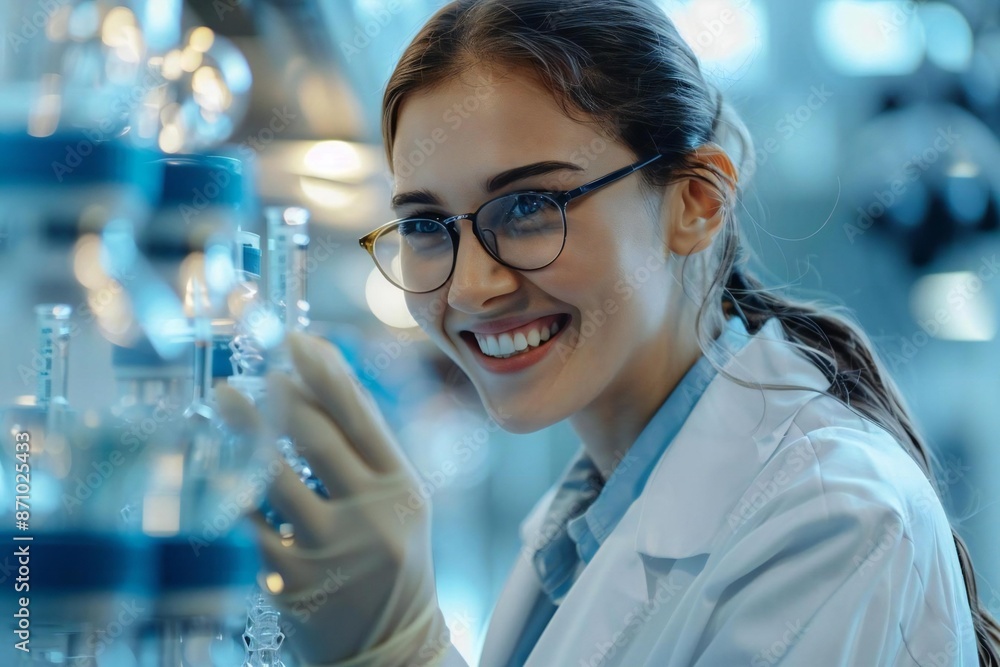 The beautiful female scientist wearing eyeglasses is smiling and laughing as she concentrates on the molecular structure in the laboratory. The beautiful female scientist wearing eyeglasses is smiling and laughing as she concentrates on the molecular structure in the laboratory.